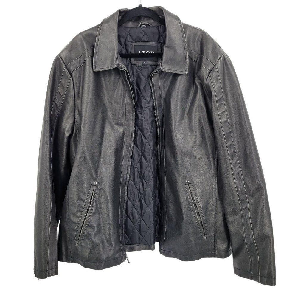 Vintage IZOD Vegan Faux‎ Leather Motorcycle Biker Jacket XL Black Zip Streetwear